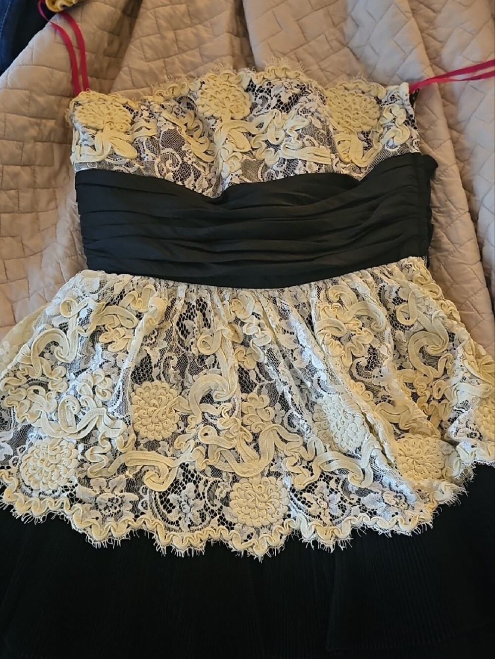 Betsey Johnson - Strapless Black & Ivory Lace Strapless Dress with Satin Waist